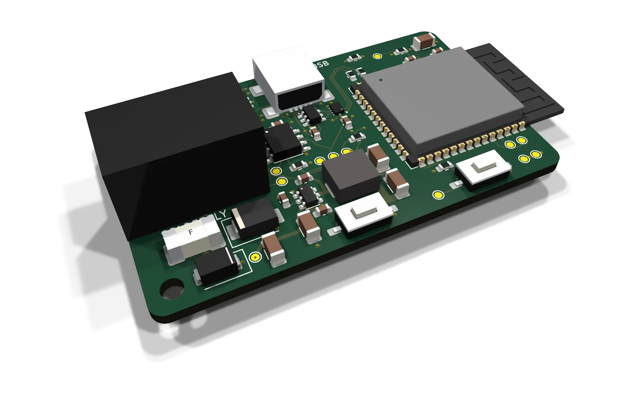Angled 3D render of the tuning bridge, a small green board with a black Smart Port socket at one end and the ESP32 module with its antenna at the other.