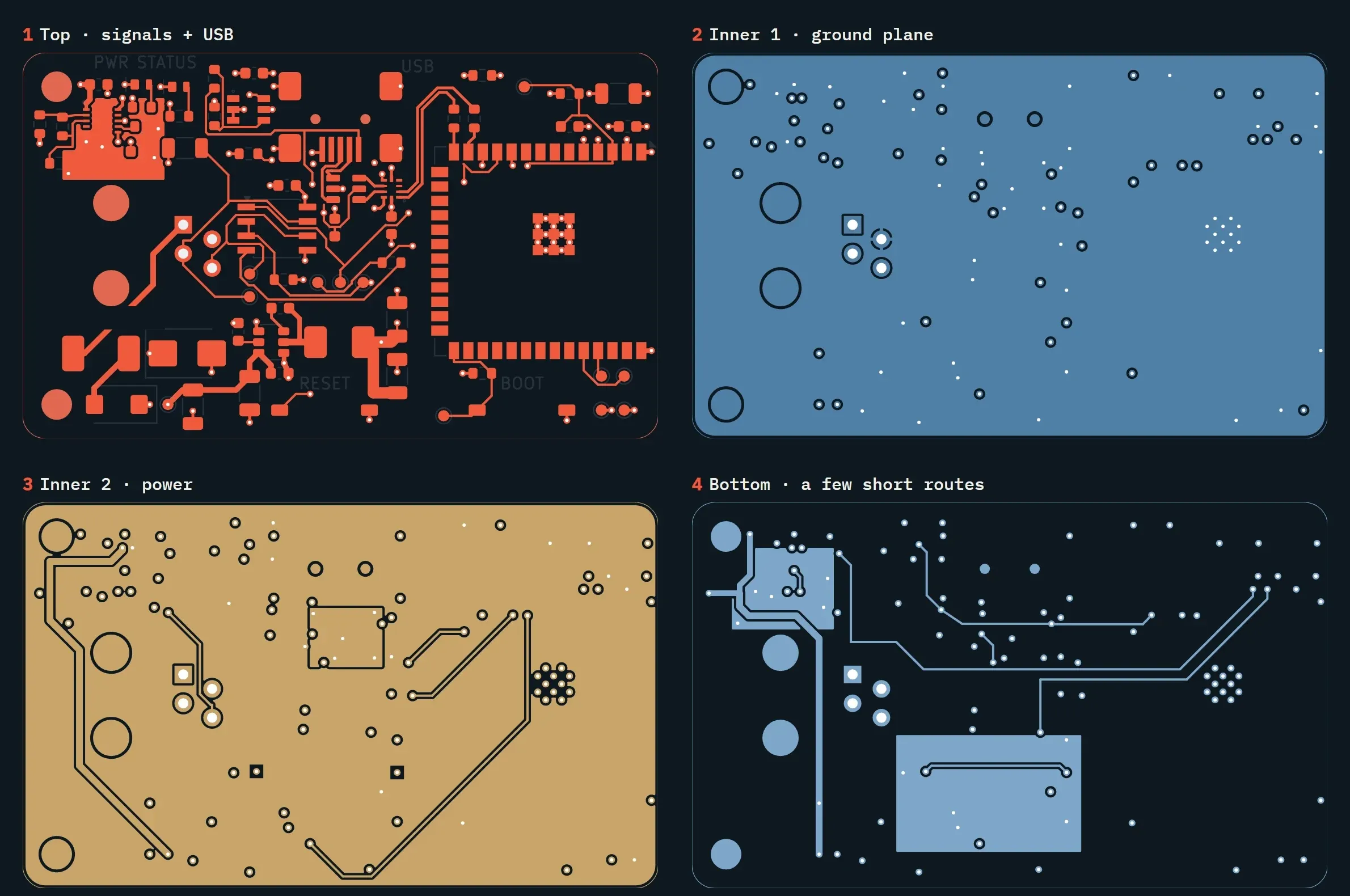 The board's four copper layers side by side.