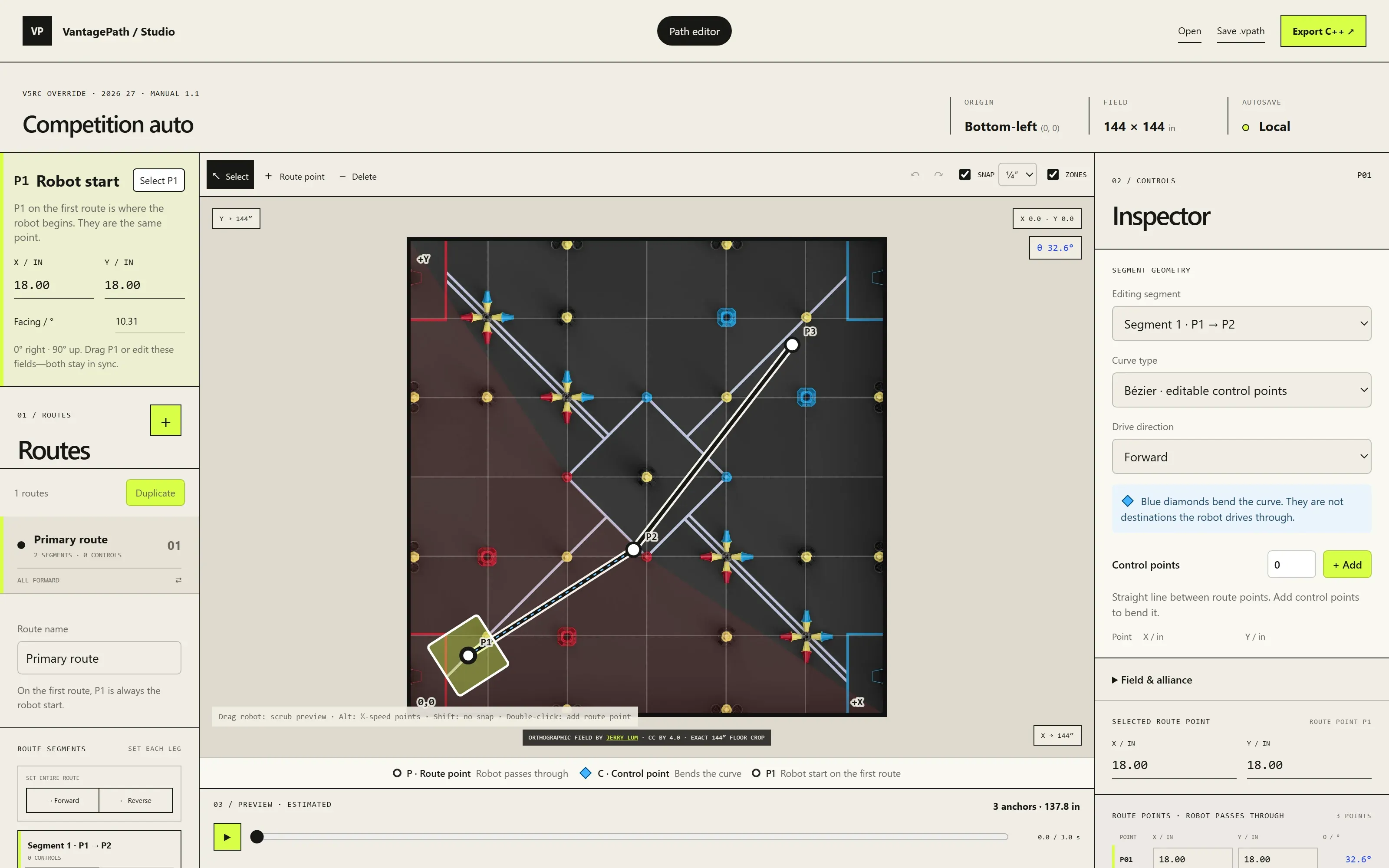 VantagePath Studio showing a three-point route drawn across a top-down VEX Override field, with the route list on the left and the segment inspector on the right.
