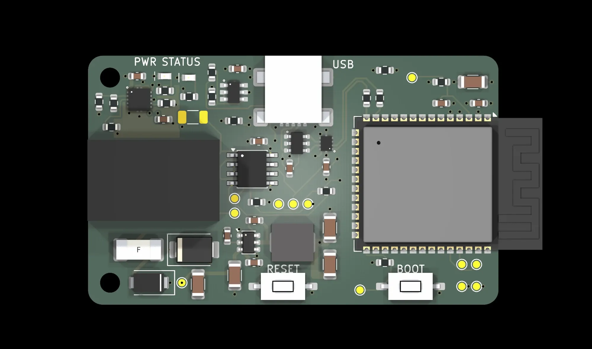 Top-down render of the board, with the Smart Port socket on the left, the USB port and status lights along the top, and the ESP32 module with its antenna on the right edge.