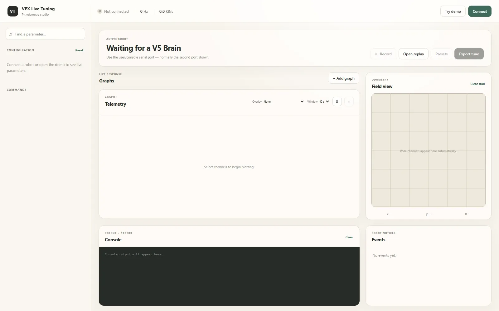 The VEX Live Tuning dashboard before connecting, showing Waiting for a V5 Brain and a note to use the user/console serial port.